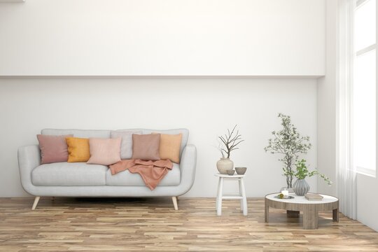 White living room with sofa. Scandinavian interior design. 3D illustration