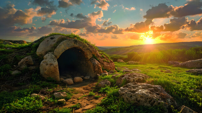 The image depicts the resurrection of Jesus Christ from the empty tomb, symbolizing the miracle and hope of the Easter celebration in the Christian faith.