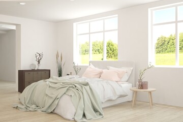 Fototapeta na wymiar White bedroom interior design with summer landscape in window. Scandinavian interior design. 3D illustration