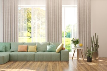 White living room with sofa and summer landscape in window. Scandinavian interior design. 3D illustration