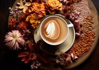 Obraz na płótnie Canvas cup of coffee, flowers and spices