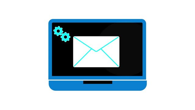 Laptop with mail gear icon on screen animated on a white background.