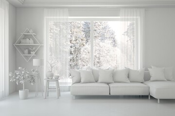 White living room with sofa and winter landscape in window. Scandinavian interior design. 3D illustration