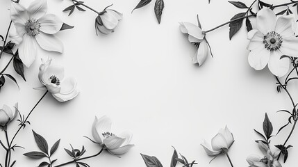 Monochrome bouquet of flowers arranged in a circle. Sympathy or condolence card. Empty place for a text. Illustration for cover, card, postcard, brochure, advertising or presentation.