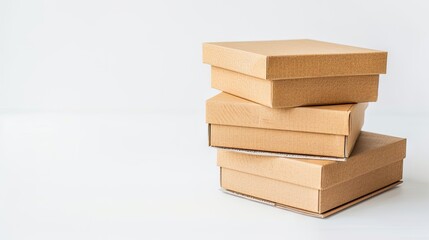 A neat stack of cardboard boxes isolated on a pristine white background, ready for shipping and logistics purposes. - 763484459
