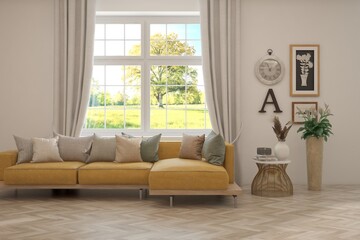 White living room with sofa and summer landscape in window. Scandinavian interior design. 3D illustration