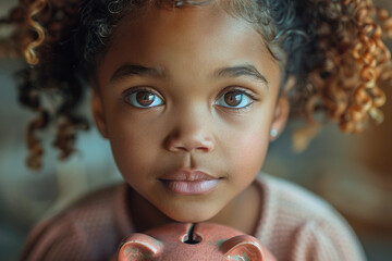 Portrait of little african american girl embracing her gold piggy bank while lying down on the floor looking at camera smiling - Powered by Adobe