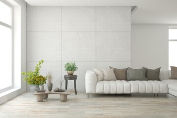 White living room with sofa. Scandinavian interior design. 3D illustration