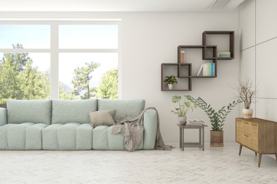 White living room with sofa and summer landscape in window. Scandinavian interior design. 3D illustration