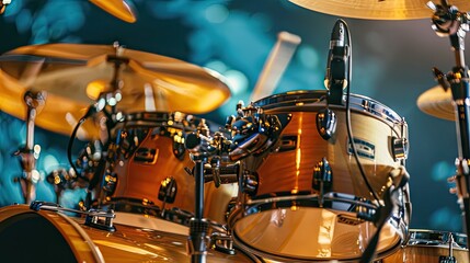 An energetic stock image capturing the dynamic drum set, showcasing the passion and energy of live music performance