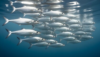 A Group Of Sleek Silver Mackerel Swimming In Forma Upscaled 3