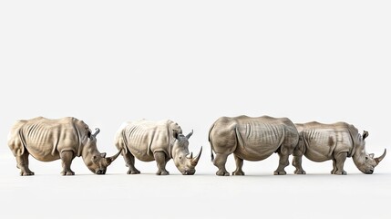 Fototapeta premium A majestic set of four rhinoceroses isolated on a crisp white background, highlighting the beauty and power of these endangered creatures