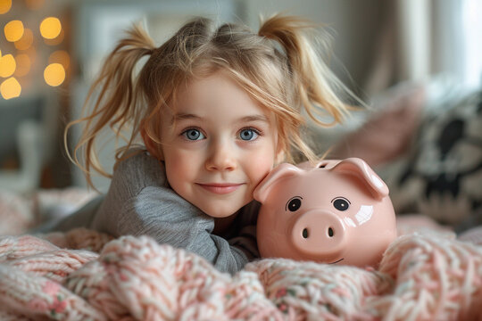 Portrait of little girl embracing her piggy bank while lying down on the floor looking at camera smiling