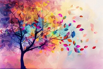 Colorful tree with leaves on hanging branches illustration background. 3d abstraction wallpaper . Floral tree with multicolor leaves