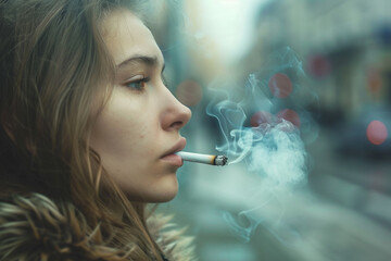 real young woman smokes on the street, selective focus