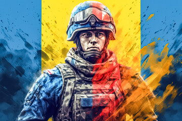 A man in a military uniform is standing in front of a yellow and blue background. The man is wearing a helmet and a vest - obrazy, fototapety, plakaty