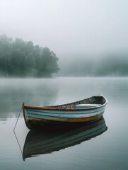 Traditional wooden boat on a serene lake misty morning peaceful escape side angle soft focus