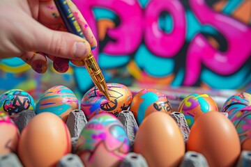 A collection of eggs being decorated with graffiti-style art, vibrant and edgy on a bright,...