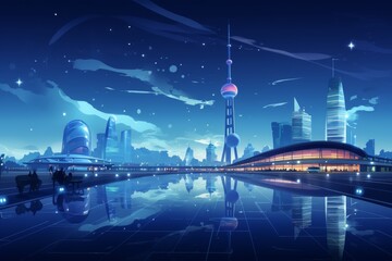 Futuristic City With Nighttime Water Reflection