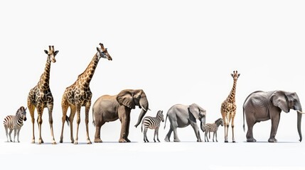 An impressive collection of majestic African mammals isolated on a clean white background, showcasing the diversity of wildlife