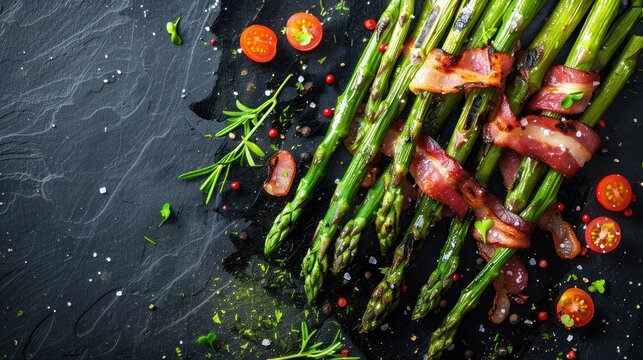 Tasty fresh healthy food asparagus in bacon food in dark background. AI generated image