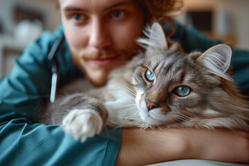 Young man with a serene expression holding a majestic long-haired cat, showing a relaxed bond - obrazy, fototapety, plakaty