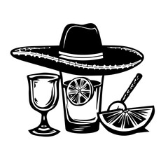 Mexican Fiesta Icon Set Illustration. Monochrome vector illustration featuring iconic Mexican elements including a sombrero, tequila bottle, skull, margarita, and pineapple.