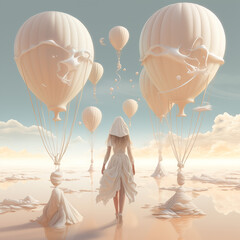 surreal white milky dream world with balloons and desert female walking 