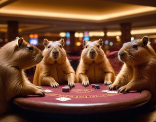 Capybaras playing poker at a casino table, with cards and chips in view.