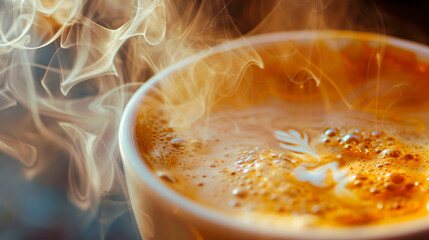 Close-up of an hot cappuccino cup - obrazy, fototapety, plakaty
