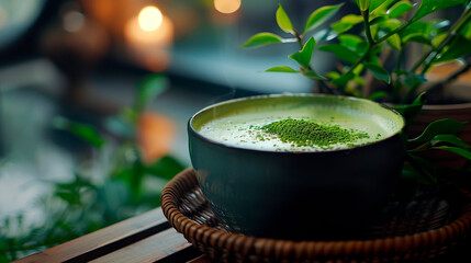 A cup of cozy and delicious a hot drink matcha latte - obrazy, fototapety, plakaty