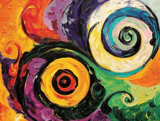 An abstract painting featuring vibrant, colorful swirls set against a clean white background