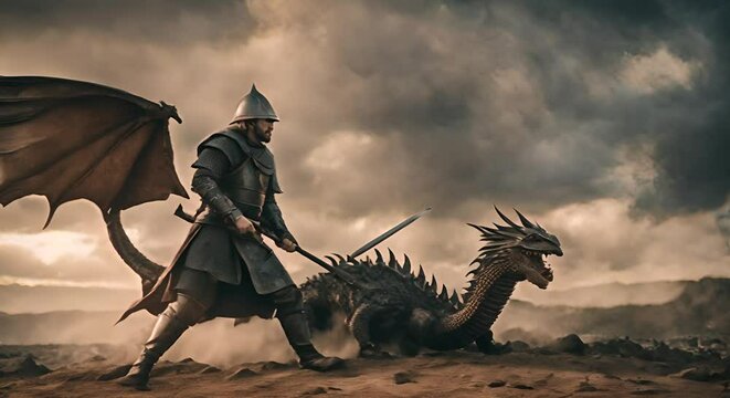 Medieval knight fighting a dragon.