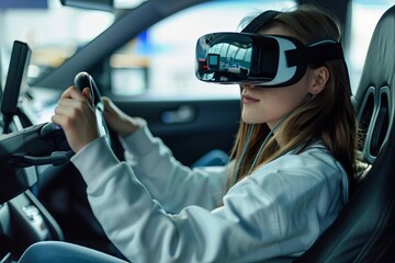 Female wearing white augmented virtual reality glasses - obrazy, fototapety, plakaty