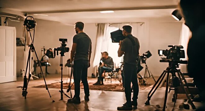 Audiovisual team with equipment recording a scene.