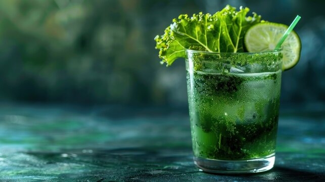 Fresh healthy green kale cocktail drink on glass with blur background. AI generated image