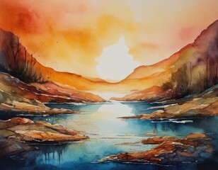Watercolor landscape of a serene sunset with vibrant orange skies reflected in a tranquil river,...