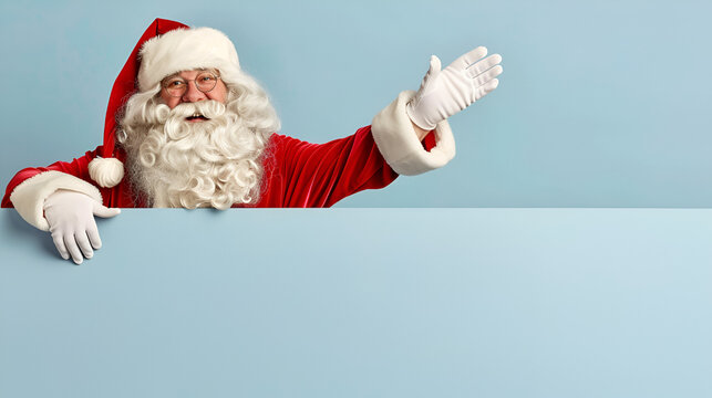 Santa claus sitting on a panel and waving copy spa Pictures of Real Santa Claus holding a blank sign Real Santa with His Two Cute Helper Girls, Generative Ai