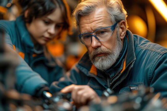 Older mechanic guiding a young apprentice in a workshop setting