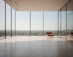 Minimalist modern empty room with large windows and city view, natural light, and wooden floor.