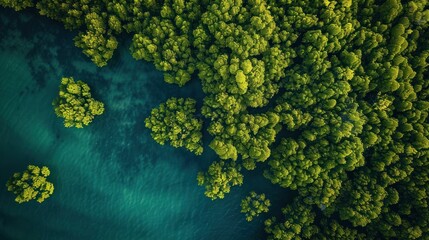 Naklejka premium Aerial view beautiful tropical green of mangrove forest near a coastline. AI generated image