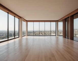 Minimalist modern empty room with large windows and city view, natural light, and wooden floor.