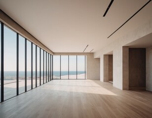 Modern empty room with large windows and panoramic view, natural light and wooden floor. - obrazy, fototapety, plakaty
