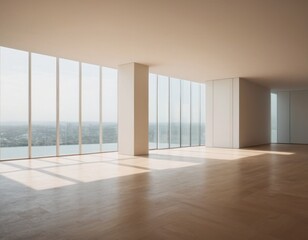 Modern empty room with large windows and panoramic view, natural light and wooden floor.