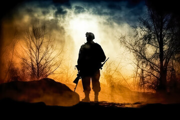 A soldier stands in the woods with a rifle. The sky is orange and the sun is setting - obrazy, fototapety, plakaty
