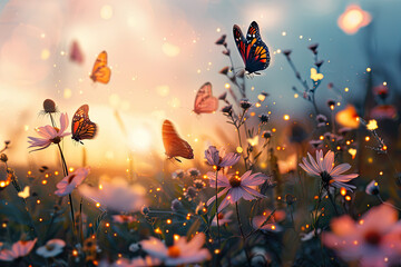 field of colorful spring flowers at sunset with flying pollen and butterflies