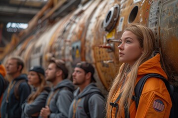 Obraz premium A group of astronaut trainees in orange suits stands attentively for a briefing