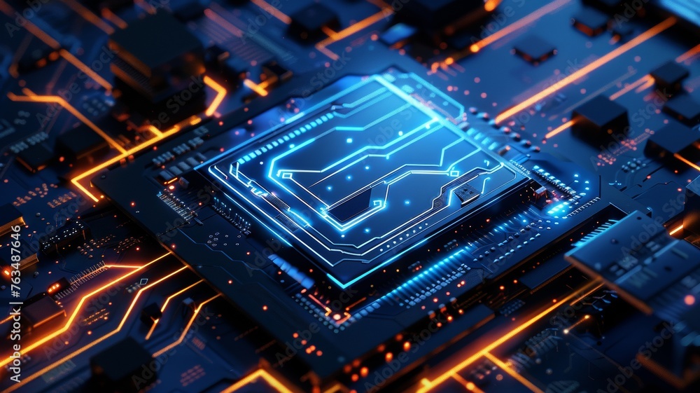 Poster close-up view of a modern gpu card with circuit and colorful lights and details 3d rendering