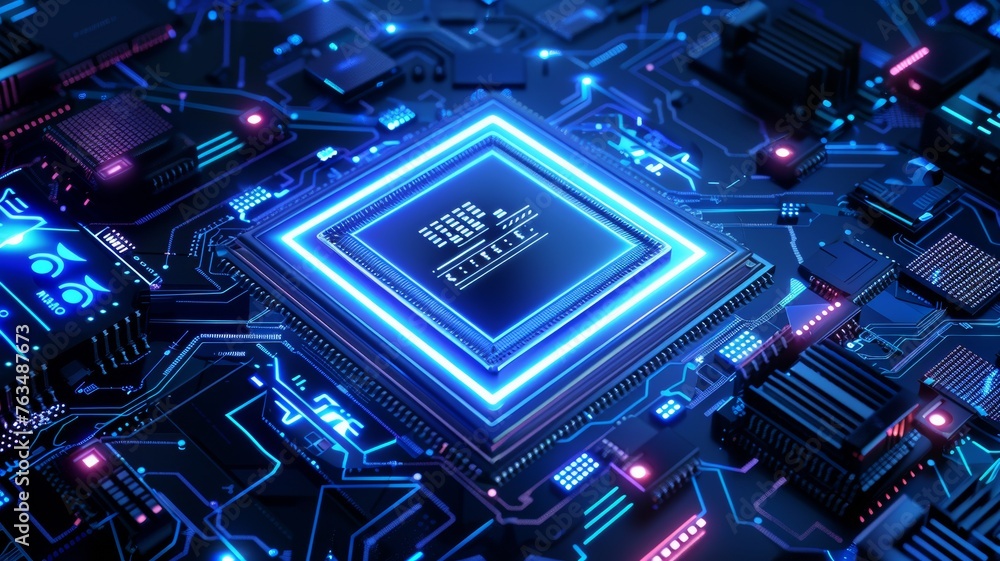 Poster close-up view of a modern gpu card with circuit and colorful lights and details 3d rendering