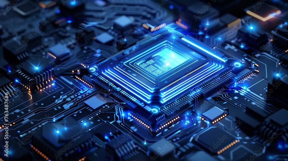Poster close-up view of a modern gpu card with circuit and colorful lights and details 3d rendering